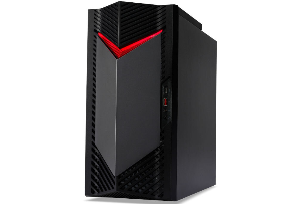 Komputer ACER Nitro N50-656 i5-14400F 32GB RAM 1TB SSD GeForce RTX5060 DLSS 4 Wi-Fi Windows 11 Home prezentacja komputera od przodu pod kątem na białym tle bogaty zestaw złączy z tyłu i na górze obudowy komputera