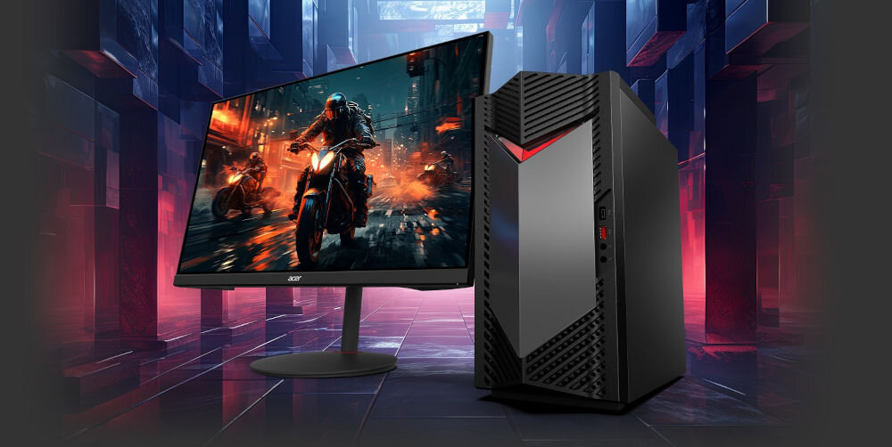 Komputer ACER Nitro N50-656 i5-14400F 32GB RAM 1TB SSD GeForce RTX5060 DLSS 4 Wi-Fi Windows 11 Home prezentacja komputera od przodu pod kątem obok monitor z włączoną grą w tle środek budynku z poświatą różowo-fioletowego światła procesor 10 rdzeni 16 wątków taktowanie 1.8 do 4.7 GHz pamięć RAM 5600 MHz gniazda pamięci wielozadaniowość