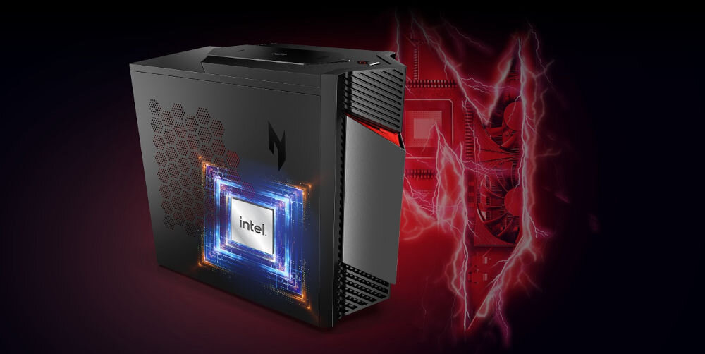Komputer ACER Nitro N50-656 i5-14400F 32GB RAM 1TB SSD GeForce RTX5060 DLSS 4 Wi-Fi Windows 11 Home prezentacja komputera pod kątem na nim na boku procesor na czarno-czerwonym elektronicznym tle procesor czternasta generacja gaming