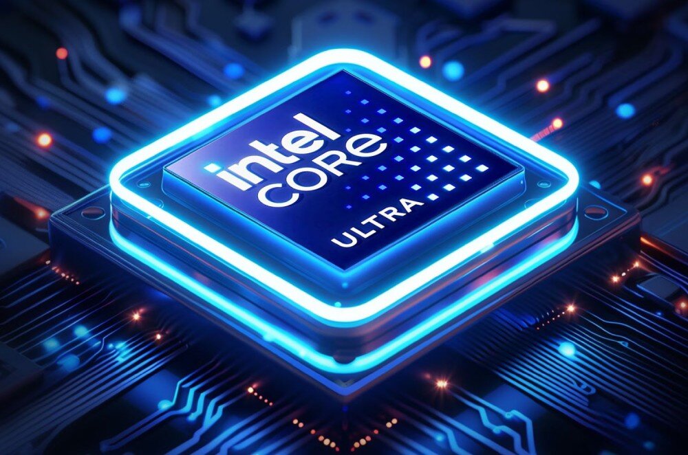 Komputer ACER Predator Orion 3000 PO3-665 Zbliżenie na procesor z napisem 'Intel Core' umieszczony na płycie głównej i otoczony niebieską poświatą, wielkość, procesor, rdzenie, wydajność, pamięć RAM