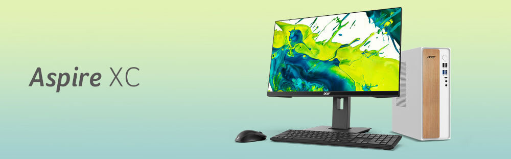 Komputer ACER Aspire XC101-13H5U i5-13420H 16GB RAM 1TB SSD Wi-Fi Windows 11 Professional prezentacja komputera od przodu pod kątem obok monitor pastelowe zielono-niebieskie tło napis z nazwą modelu