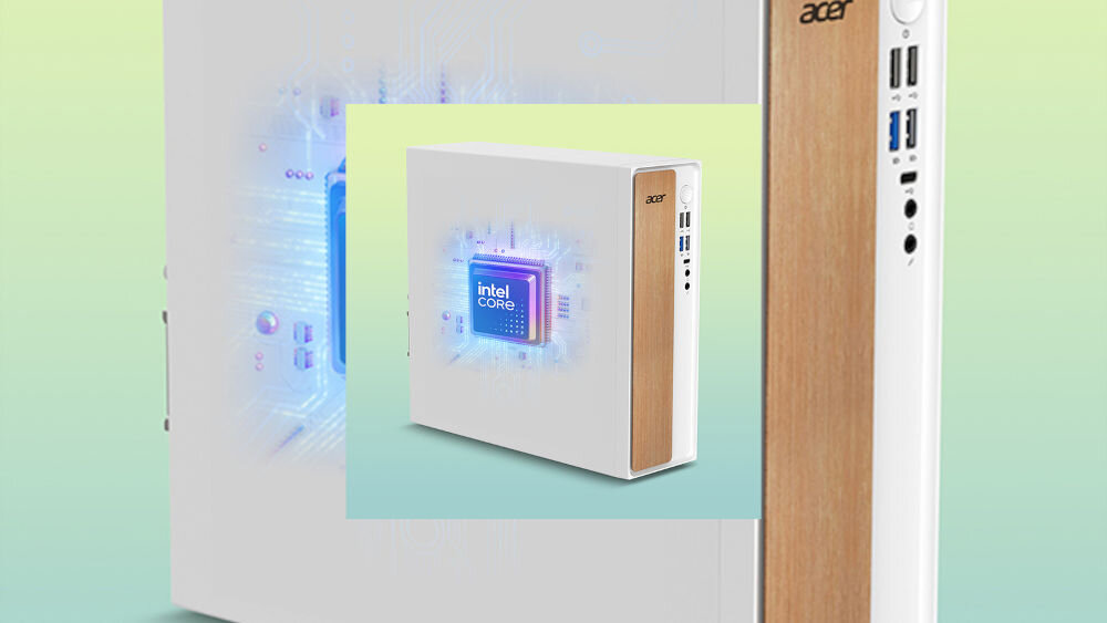 Komputer ACER Aspire XC101-13H5U i5-13420H 32GB RAM 1TB SSD Wi-Fi Windows 11 Professional prezentacja komputera od boku pod kątem procesor na boku komputera zielono-niebieskie tło w tle rozmazana jednostka procesor rdzenie wątki taktowanie płynność pracy