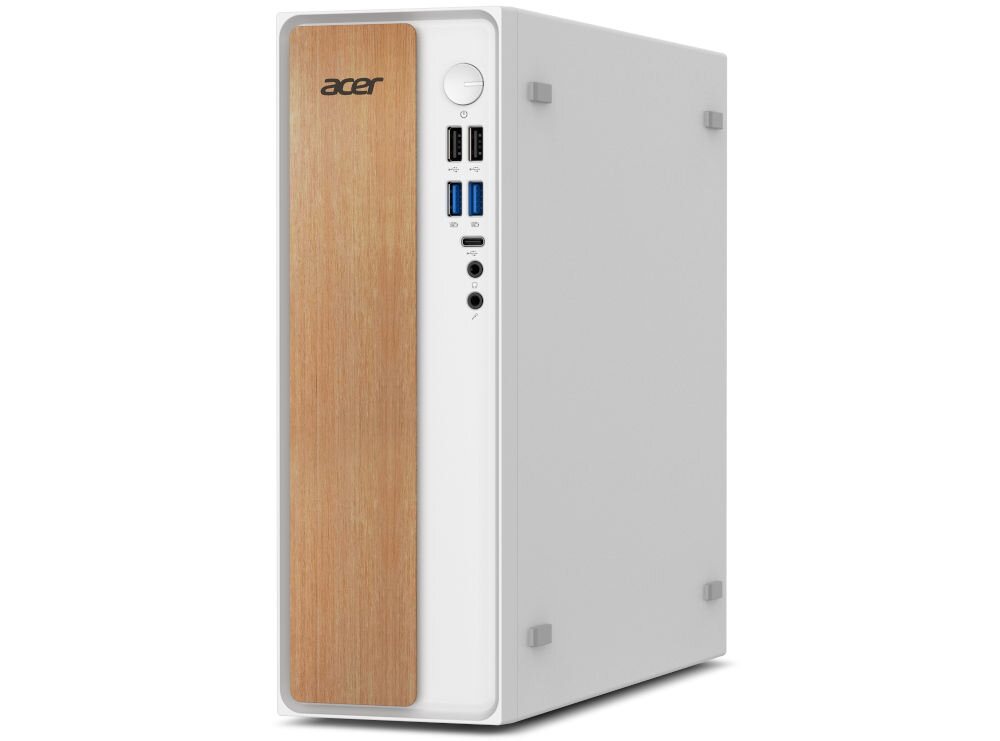 Komputer ACER Aspire XC101-13H5U i5-13420H 32GB RAM 1TB SSD Wi-Fi Windows 11 Professional prezentacja komputera od przodu pod kątem na białym tle wąska obudowa drewniany element oszczędność miejsca profesjonalne otoczenie