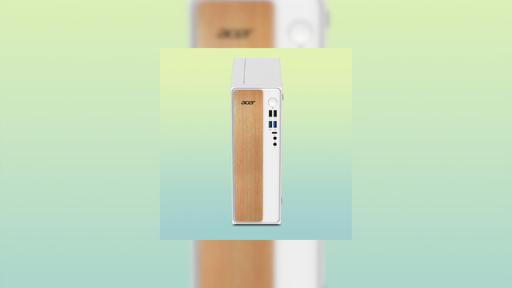 Komputer ACER Aspire XC101-13H5U i5-13420H 32GB RAM 1TB SSD Wi-Fi Windows 11 Professional prezentacja komputera od przodu pastelowe zielono-niebieskie tło w tle rozmazana jednostka pamięć RAM DDR4 32 GB obsługa codziennych aplikacji biurowych skrócenie czasu reakcji systemu