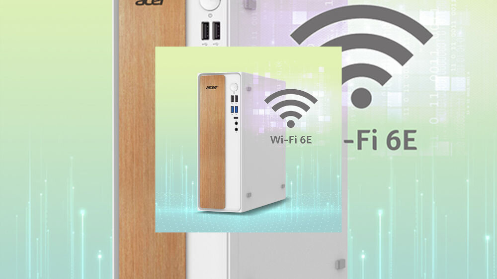 Komputer ACER Aspire XC101-13H5U i5-13420H 32GB RAM 1TB SSD Wi-Fi Windows 11 Professional prezentacja komputera od przodu pod kątem na pastelowym zielono-niebieskim tle z cyfrowymi elementami obok napis Wi-Fi 6E łączność bezprzewodowa Wi-Fi 6E stabilna transmisja danych bez zakłóceń