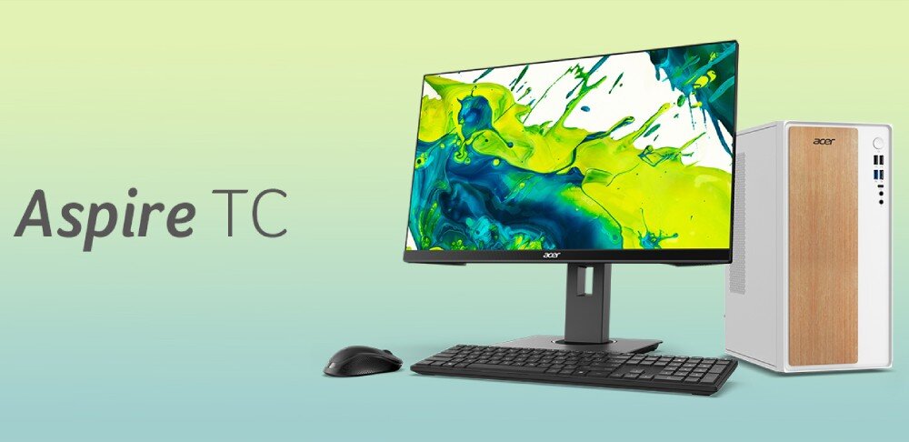 Komputer ACER Aspire TC101-13H5U Zestaw komputerowy z monitorem, klawiaturą i myszą ustawiony na tle w odcieniach zieleni, obok obudowy w białym kolorze z panelem frontowym w stylu drewna i napisem 'Aspire TC' po lewej stronie, opis