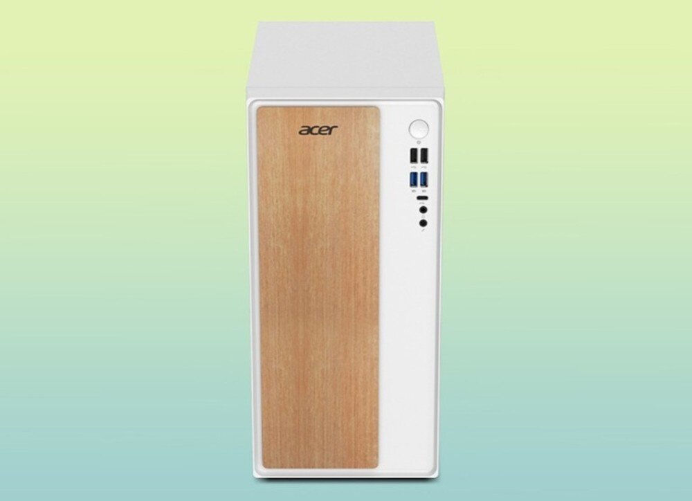 Komputer ACER Aspire TC101-13H5U Widok frontu białej obudowy komputera z panelem o wyglądzie drewna, portami USB i złączami audio po prawej stronie, obudowa, wygląd