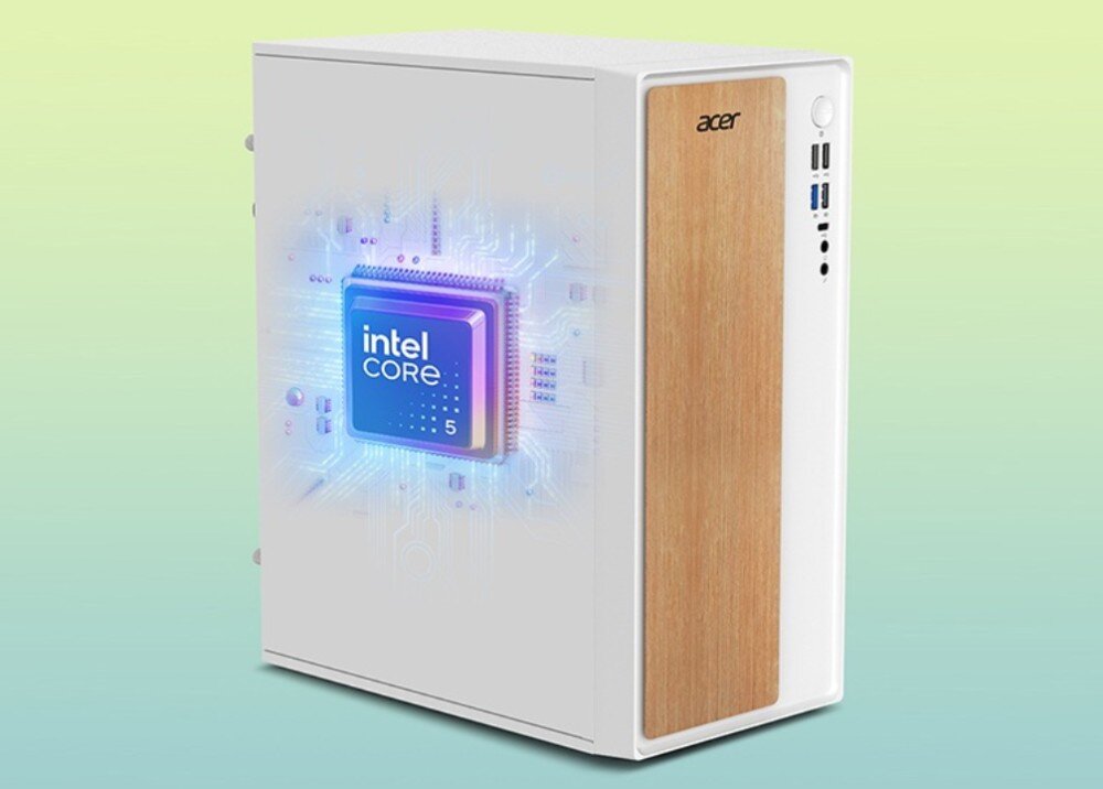 Komputer ACER Aspire TC101-13H5U Obudowa komputera w kolorze białym z panelem w stylu drewna, na której wizualnie nałożono grafikę procesora z napisem 'intel core i5', procesor, rdzenie, pamięć RAM