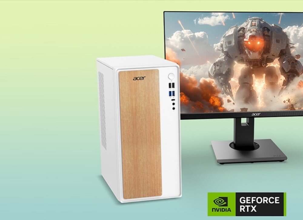 Komputer ACER Aspire TC101-13H5U Biała obudowa komputera z panelem w kolorze drewna ustawiona obok monitora z wyświetlonym obrazem robota wśród wybuchów, w prawym dolnym rogu widoczne logo 'NVIDIA GeForce RTX', karta graficzna, wydajność