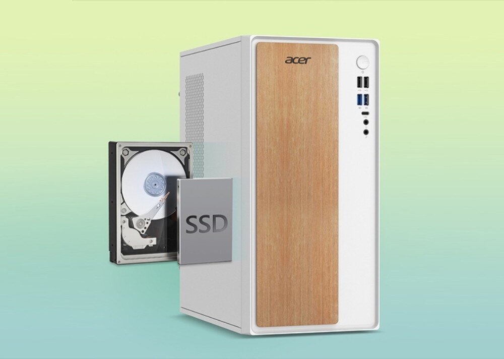 Komputer ACER Aspire TC101-13H5U Biała obudowa komputera z panelem o wyglądzie drewna, obok której pokazano wysunięty dysk HDD i symbol dysku SSD, dysk, pojemność