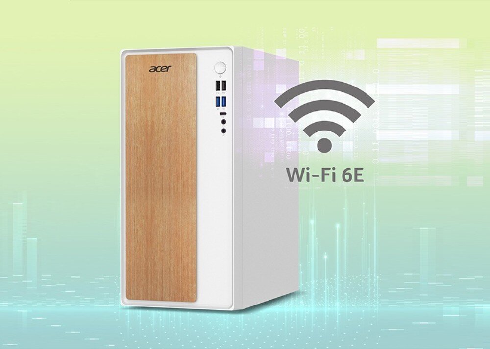 Komputer ACER Aspire TC101-13H5U Biała obudowa komputera z panelem w stylu drewna na tle graficznym z symbolem sieci Wi-Fi i napisem 'Wi-Fi 6E', łączność, porty, podłączenie