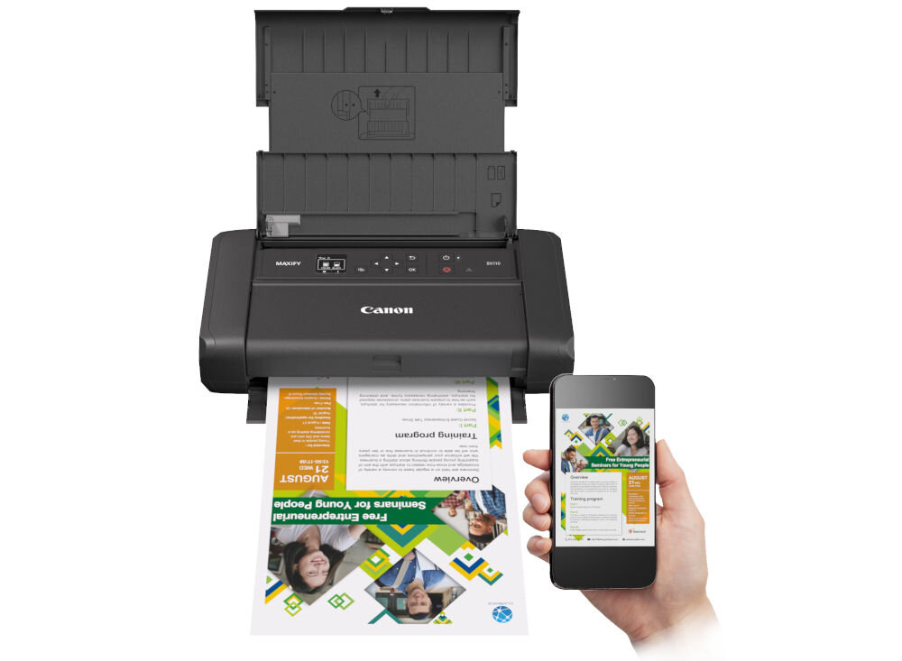Drukarka CANON Maxify BX110 Druk w kolorze, Wi-Fi + Akumulator urządzenie na białym tle od przodu z wydrukowaną kartką ręka z telefonem bezprzewodowa łączność aplikacja Canon PRINT AirPrint Mopria iOS Android swoboda działania szybkie uzyskanie potrzebnych dokumentów