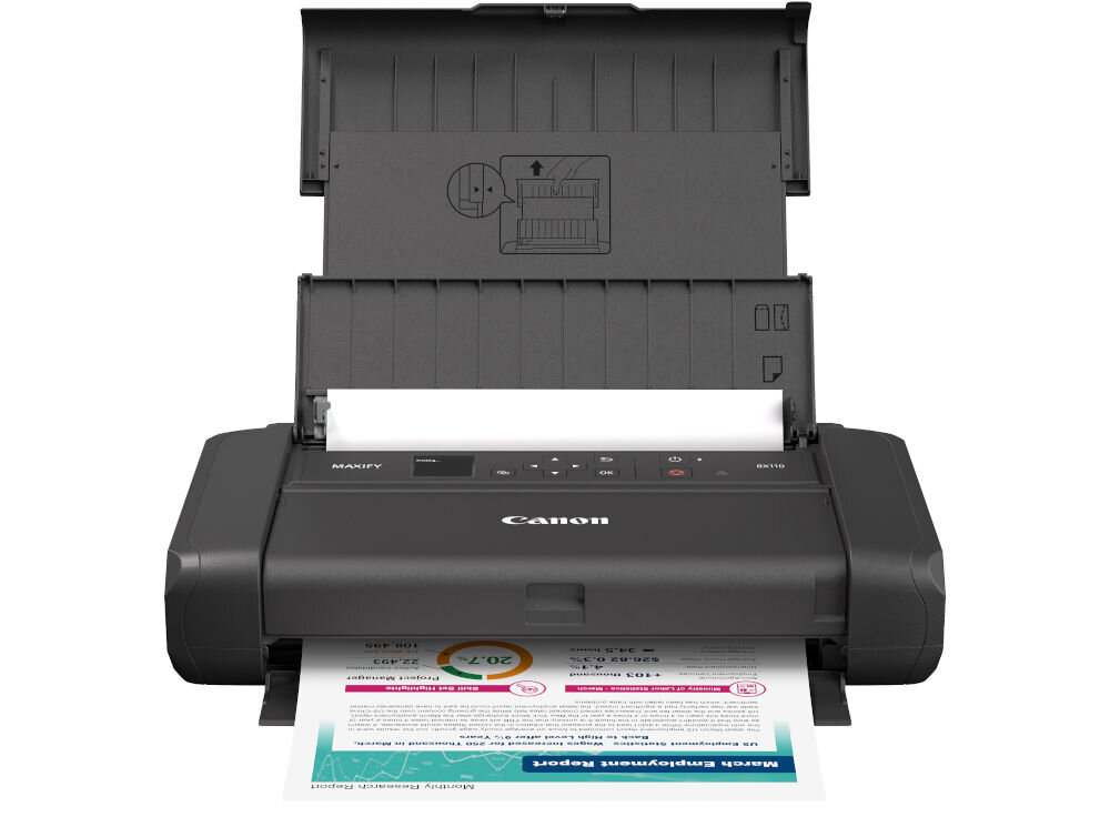 Drukarka CANON Maxify BX110 Druk w kolorze, Wi-Fi + Akumulator urządzenie na białym tle od przodu podczas druku wysoka jakość wydruku wyraziste elementy graficzne profesjonalny sposób prezentowania wyników