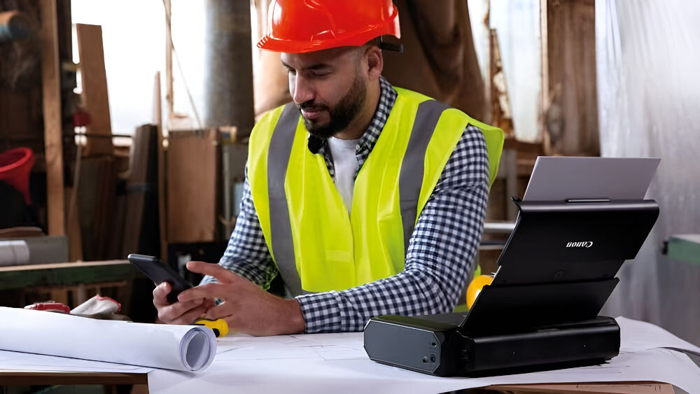 Drukarka CANON Maxify BX110 Druk w kolorze, Wi-Fi + Akumulator urządzenie postawione na stole mężczyzna w kamizelce odblaskowej i w kasku siedzący przy stole prędkość druku mono kolor cicha praca nie zakłóca rozmów wydajność komfort