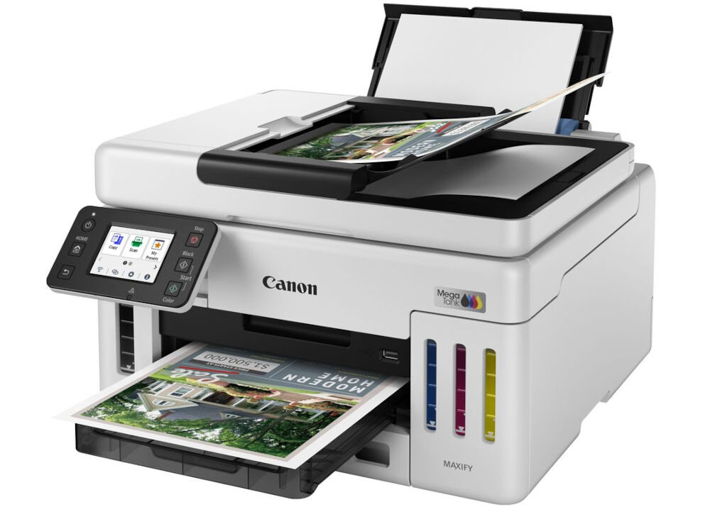 Urządzenie wielofunkcyjne CANON Maxify GX5540 Druk w kolorze, Automatyczny druk dwustronny, Wi-Fi prezentacja urządzenia pod kątem na białym tle kolorowy skaner czujnik CIS rozdzielczość szybkość 8-bitowa głębia sprawna archiwizacja dokumentów