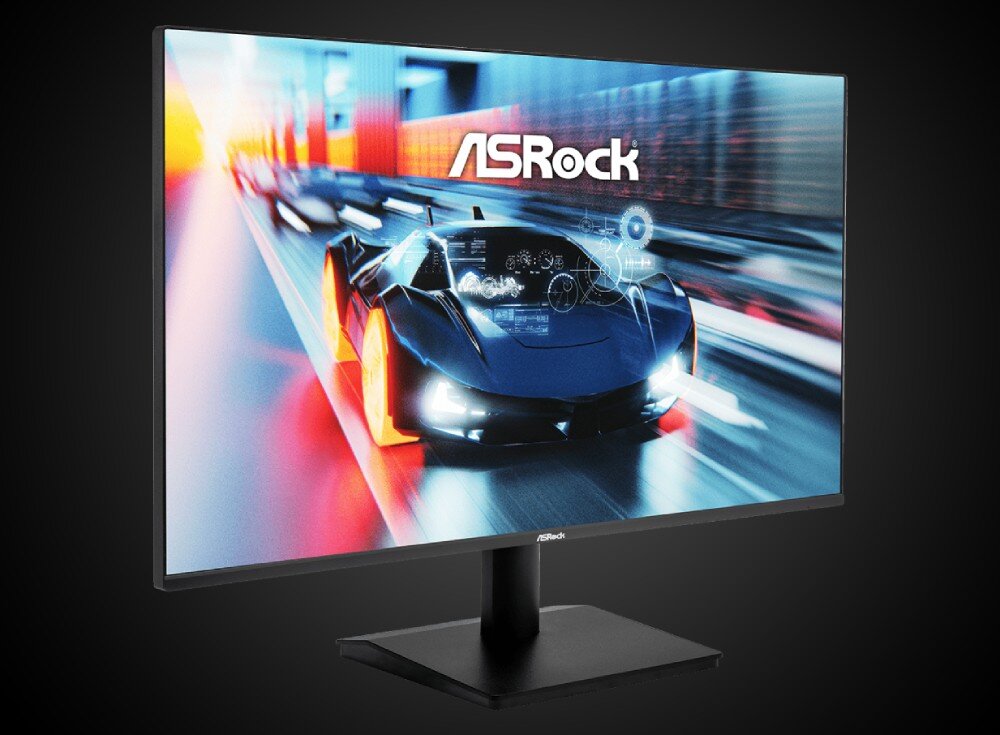Monitor ASROCK CL25FFA Obraz monitora z wyświetloną dynamiczną grafiką samochodu sportowego w ruchu, na ekranie widoczne logo ASRock, opis