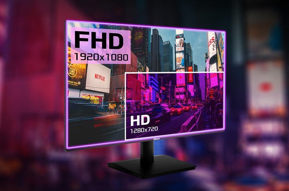 Monitor ASROCK CL25FFA Monitor z porównaniem dwóch rozdzielczości – większa część obrazu oznaczona jako FHD 1920x1080, mniejsza jako HD 1280x720, przedstawiające tę samą miejską scenę w różnych jakościach, przekątna, rozdzielczość, kolory, matryca