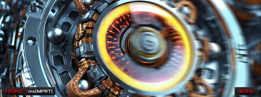 Monitor ASROCK CL25FFA Zbliżenie na obracający się mechanizm, po lewej stronie widoczna informacja „120Hz, 1ms (MPRT)”, po prawej stronie napis „60Hz” przy rozmazanym obrazie, odświeżanie, czas reakcji