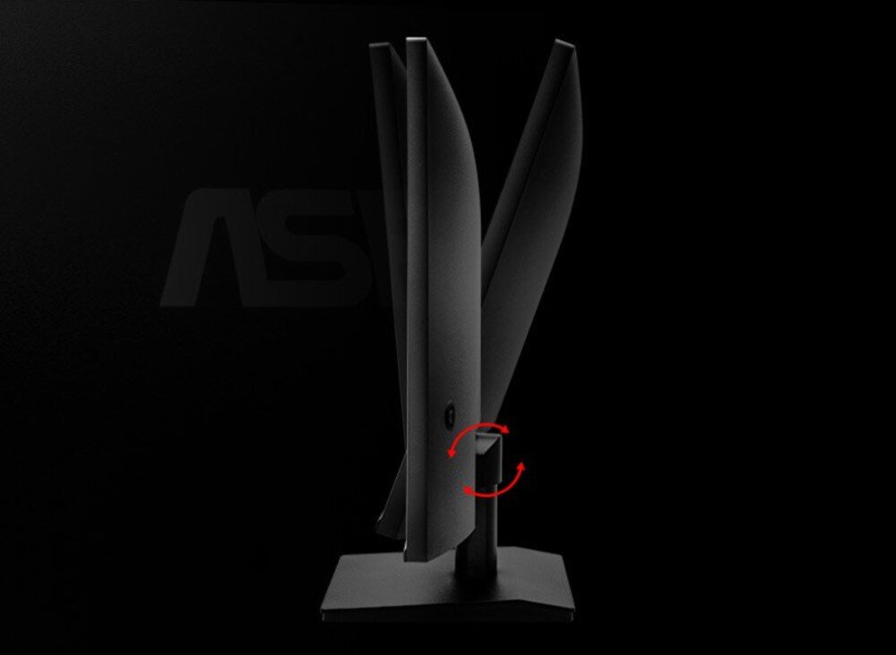 Monitor ASROCK CL25FFA Boczny widok monitora w kilku pozycjach nachylenia, z czerwoną strzałką wskazującą możliwość regulacji kąta ekranu, regulacja nachylenia, mocowanie VESA