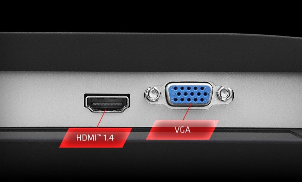 Monitor ASROCK CL25FFA Zbliżenie na tylny panel monitora z dwoma portami: HDMI 1.4 po lewej i VGA po prawej stronie, oznaczonymi czerwonymi etykietami, porty, podłączenie