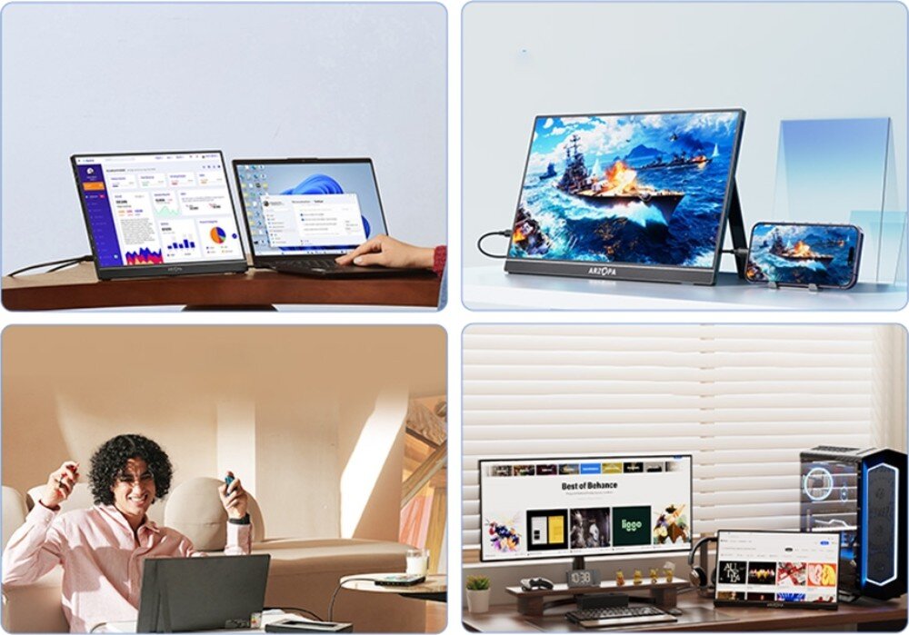 Monitor ARZOPA A3C Pro Cztery sceny użytkowania monitora: rozszerzony ekran z laptopem, podłączony do telefonu z grą, mężczyzna z laptopem podczas wideorozmowy i biurko z dwoma ekranami, matryca, rozdzielczość, zastosowanie
