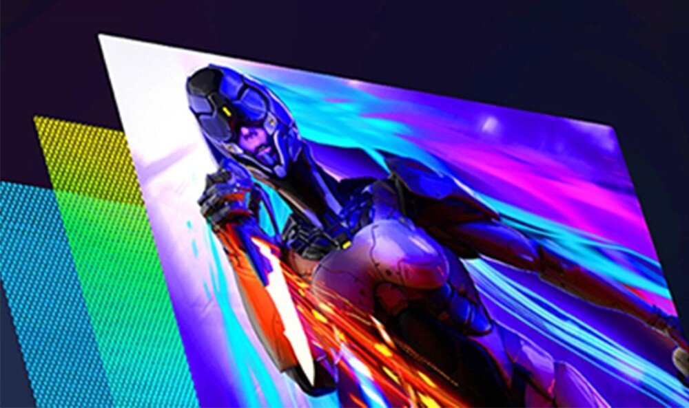Monitor ARZOPA A3C Pro Kolorowy render futurystycznej postaci na tle warstw symbolizujących technologię wyświetlania, przekątna, głębia kolorów, jasność, HDR10