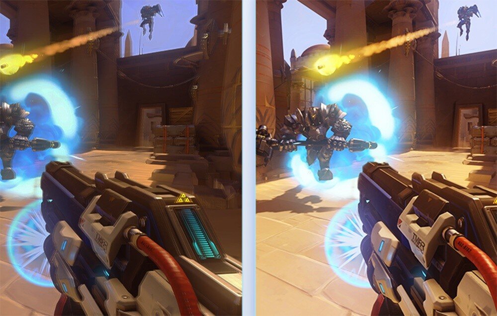 Monitor ARZOPA A3C Pro Porównanie dwóch obrazów z gry w trybie strzelanki, widok z perspektywy gracza, po lewej i prawej stronie różnice w jakości obrazu, czas reakcji, odświeżanie