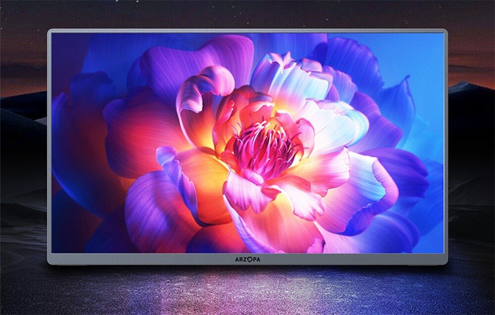 Monitor ARZOPA A3C Pro Monitor wyświetlający obraz intensywnie kolorowego kwiatu, ustawiony na ciemnym tle z delikatnym podświetleniem, kompatybilność, podłączenie, porty, gniazda