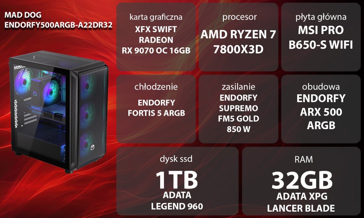 Komputer MAD DOG ENDORFY500ARGB-A22DR32 Grafika przedstawiająca specyfikację komputera, z podziałem na podzespoły. W centralnej części znajduje się model komputera, a wokół niego informacje o podzespołach, opis