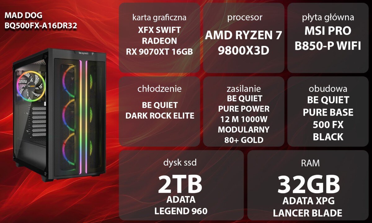 Komputer MAD DOG BQ500FX-A16DR32 Grafika przedstawiająca specyfikację komputera, z podziałem na podzespoły. W centralnej części znajduje się model komputera, a wokół niego informacje o podzespołach, opis