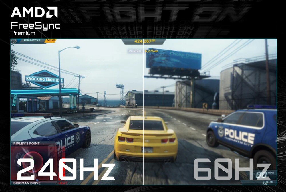 Monitor GIGABYTE GS27QXA Porównanie obrazu gry wyścigowej przy częstotliwości 240 Hz po lewej stronie i 60 Hz po prawej stronie, z widoczną różnicą w płynności animacji, przekątna, matryca, rozdzielczość, odświeżanie