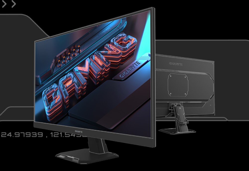 Monitor GIGABYTE GS27QXA Widok monitora z przodu i z tyłu, z wyświetlonym na ekranie napisem 'GAMING' w trójwymiarowej grafice, porty, wyjścia, mocowanie VESA