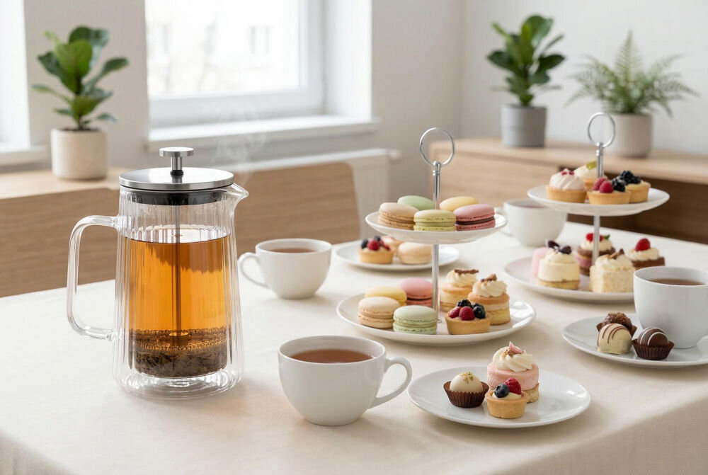 Zaparzacz GÖTZE & JENSEN TA265 Szklany zaparzacz do herbaty typu french press na stole zastawionym różnokolorowymi makaronikami, babeczkami z owocami i filiżankami naparu.