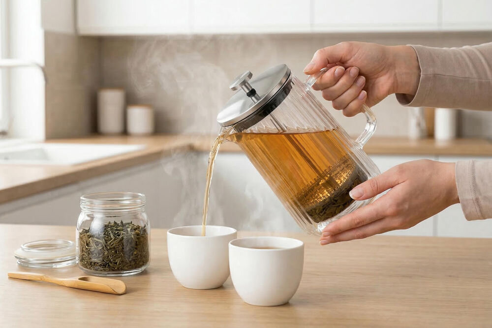 Zaparzacz GÖTZE & JENSEN TA265 Nalewanie gorącej herbaty z szklanego zaparzacza GÖTZE & JENSEN do białych filiżanek; obok słoik z suszonymi liśćmi herbaty i drewniana miarka.