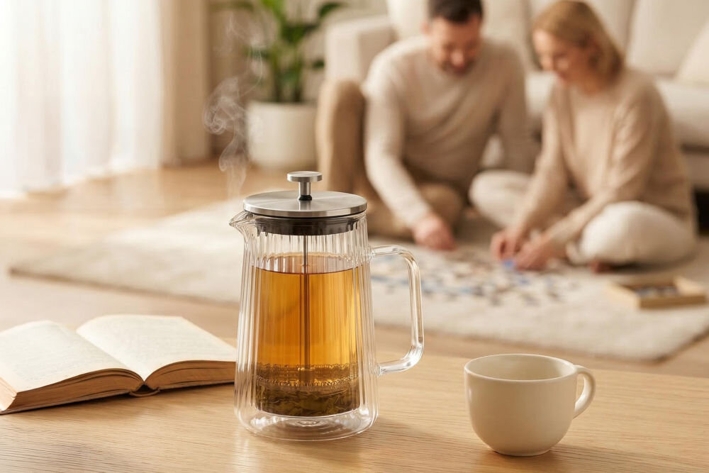 Zaparzacz GÖTZE & JENSEN TA265 Szklany dzbanek z zaparzoną herbatą i biała filiżanka na pierwszym planie, w tle para układająca puzzle na dywanie w przytulnym salonie.