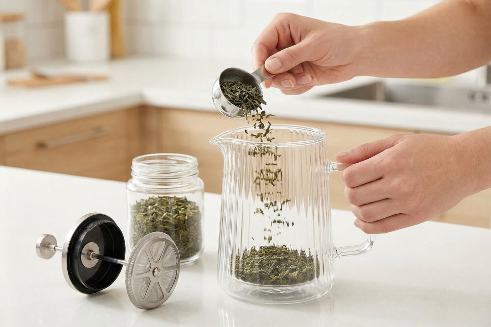 Zaparzacz GÖTZE & JENSEN TA265 Zbliżenie na wsypywanie liściastej herbaty metalową miarką do otwartego szklanego zaparzacza GÖTZE & JENSEN TA265.