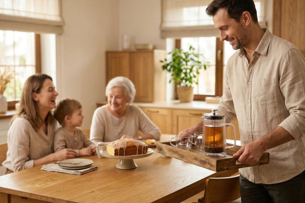 Zaparzacz GÖTZE & JENSEN TA265 Mężczyzna serwujący na drewnianej tacy herbatę w szklanym zaparzaczu rodzinie siedzącej przy stole z ciastem drożdżowym.