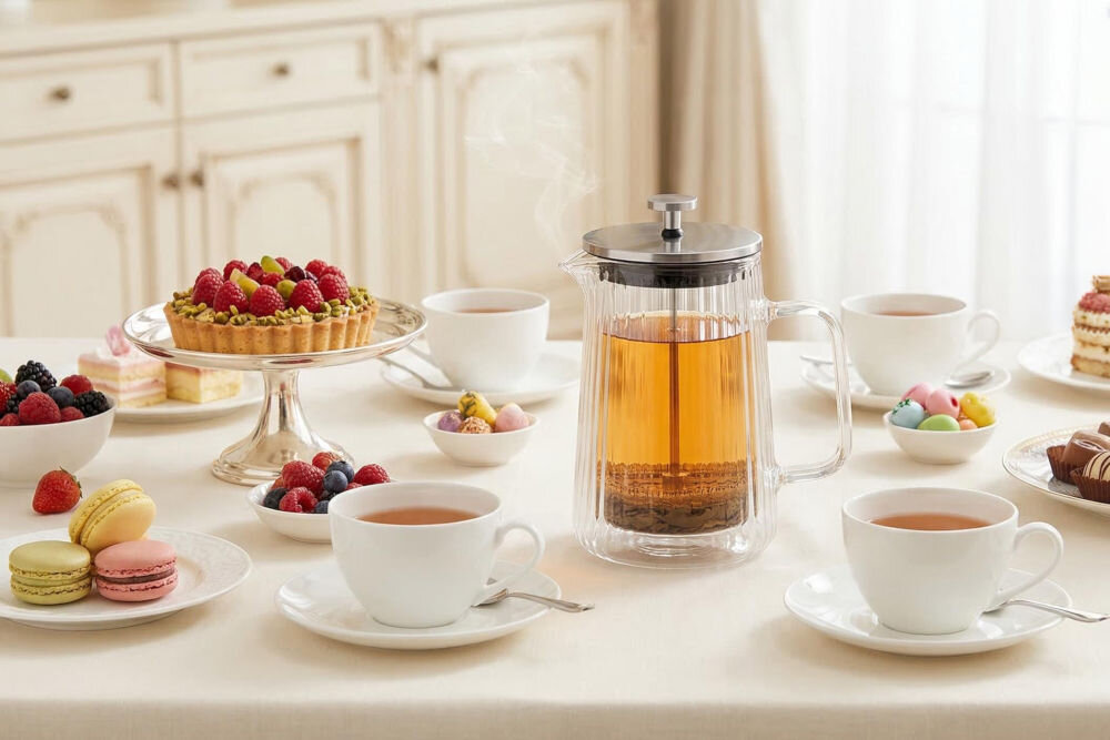 Zaparzacz GÖTZE & JENSEN TA265 Szklany zaparzacz z herbatą otoczony eleganckimi filiżankami, makaronikami i tartą z owocami na białym obrusie.