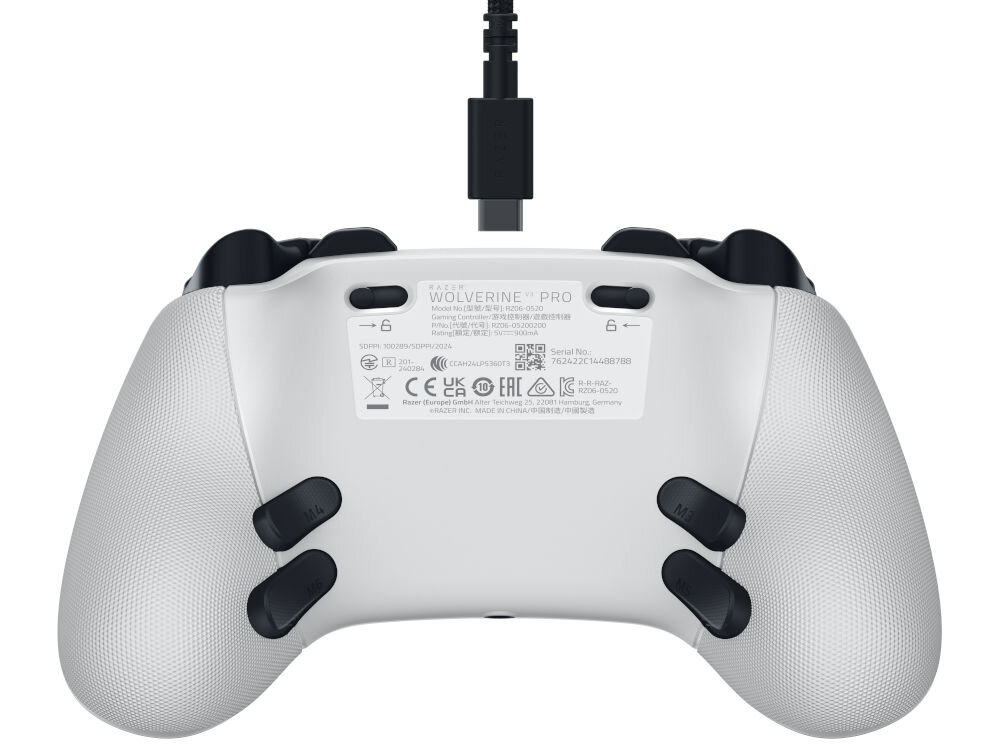 Kontroler RAZER Wolverine V3 Pro Biały prezentacja kontrolera od tyłu z kablem wejście USB-C gumowe ergonomiczne uchwyty cztery przełączniki łopatkowe dwa bumpery sześć mapowanych przycisków własne preferencje