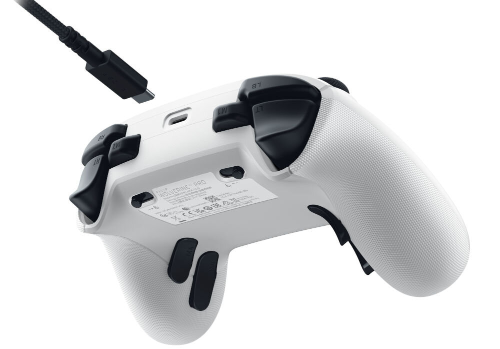 Kontroler RAZER Wolverine V3 Pro Biały prezentacja pada od tyłu pod kątem na białym tle z kablem przewodowe połączenie tryb turniejowy częstotliwość 1000 Hz aplikacja Razer Controller rozgrywki e-sportowe synchronizacja