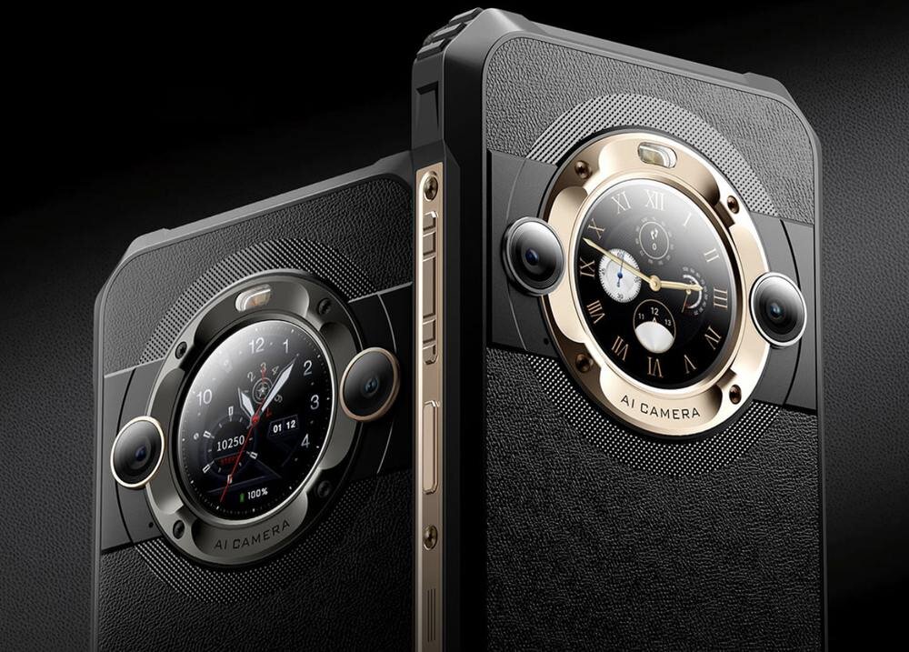 Dwa smartfony z widocznymi okrągłymi modułami kamer i zegarami na tylnej obudowie. Na jednym z nich widoczny jest napis \'AI CAMERA\'.