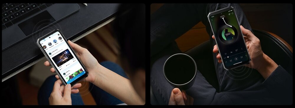 Na obrazie widać dwie osoby trzymające smartfony. Na ekranach widoczne są aplikacje, jedna z nich to aplikacja do przeglądania treści, a druga to aplikacja muzyczna.