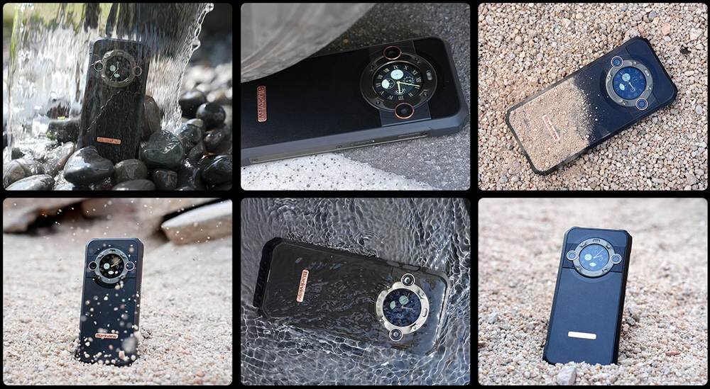 Na zdjęciach widać smartfon z dużym okrągłym modułem aparatu, umieszczony w różnych warunkach, takich jak woda, piasek i kamienie. Na obudowie widoczne jest logo producenta.