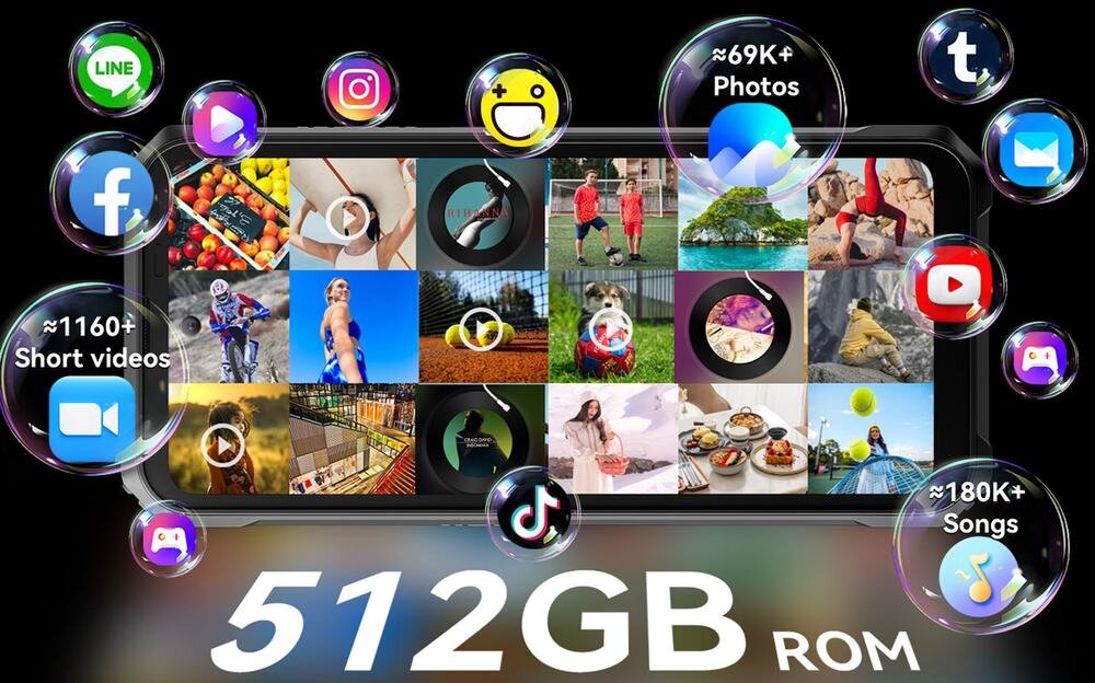Obraz przedstawia ekran smartfona z różnymi ikonami aplikacji i zdjęciami, otoczony bąbelkami z logo popularnych aplikacji społecznościowych. Na dole widnieje napis \'512GB ROM\'.