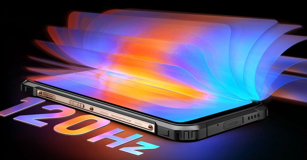 Obraz przedstawia smartfon z wyświetlaczem, na którym widoczne są kolorowe efekty świetlne. Na ekranie znajduje się napis \'120 Hz\'.