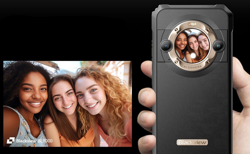 Obraz przedstawia smartfon z widocznym logo \'Blackview\' oraz napis \'AI Camera\' wokół obiektywu. Obok znajduje się zdjęcie trzech uśmiechniętych osób z logo \'Blackview BL9000\'.