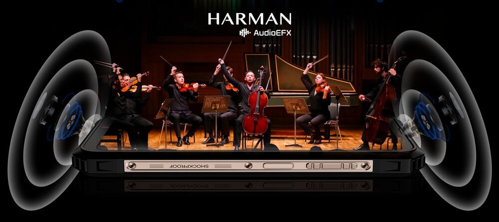 Na obrazie widoczny jest smartfon z napisem \'SHOCKPROOF\' na boku, a w tle znajduje się orkiestra smyczkowa. U góry widnieje logo \'HARMAN AudioEFX\'.
