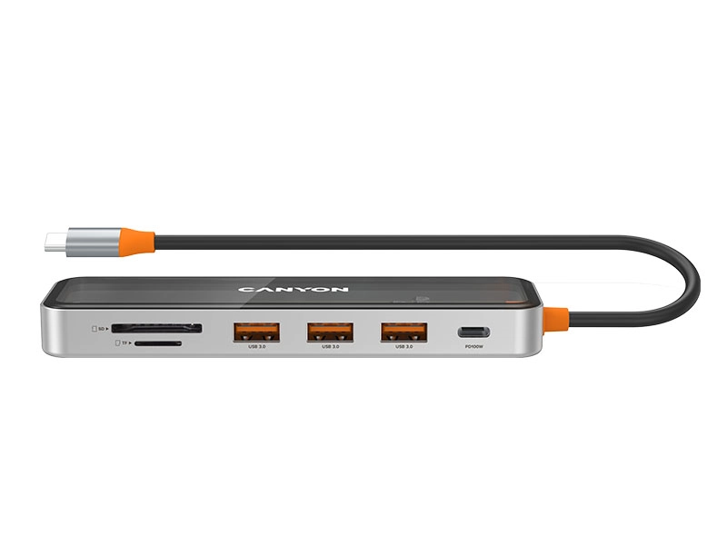Na obrazie widoczny jest hub USB z kilkoma portami, w tym trzema USB 3.0, czytnikiem kart i portem PD. Na urządzeniu znajduje się logo \'CANYON\'.