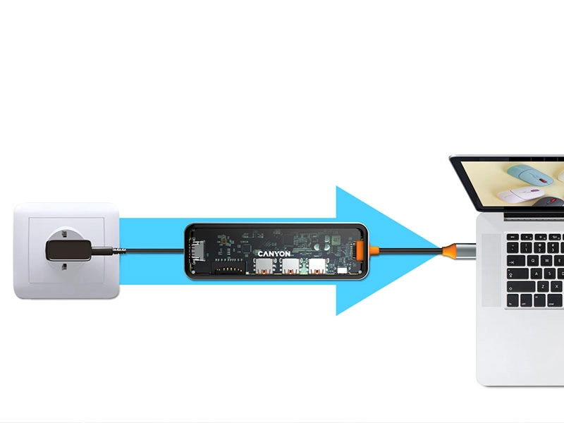 Obraz przedstawia przezroczysty hub USB-C marki Canyon podłączony do laptopa i gniazdka elektrycznego. Na hubie widoczny jest napis \'CANYON\'.