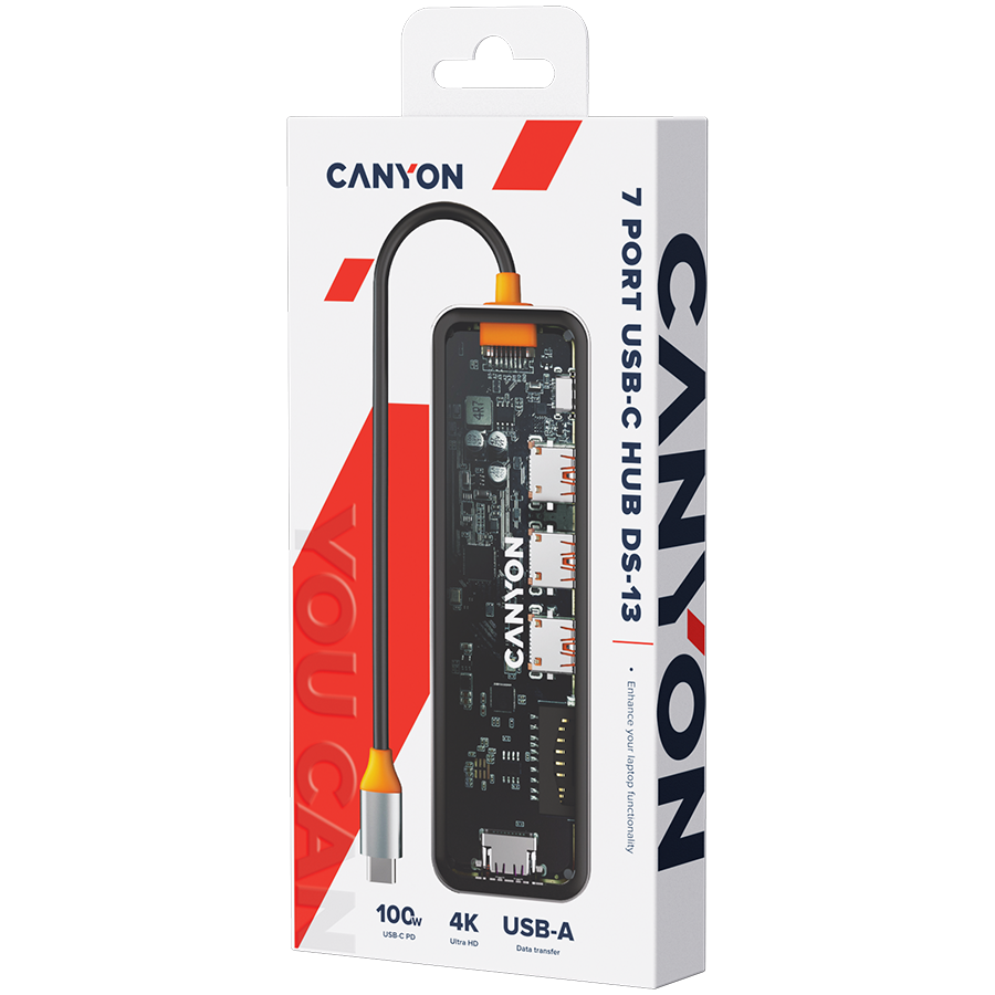 Opakowanie produktu Canyon Hub DS-13 7 w 1 4K USB-C Transparentny z widocznym logo \'CANYON\' i napisem \'7 PORT USB-C HUB DS-13\'.